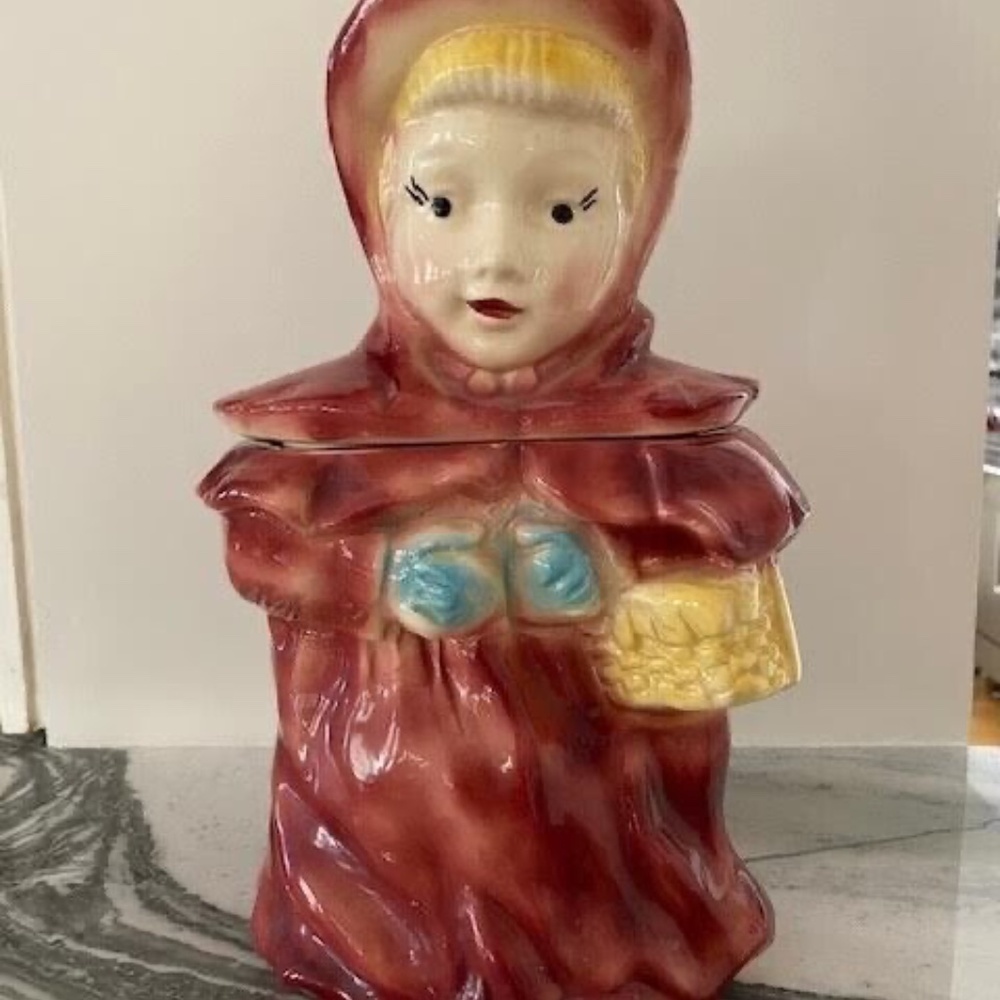 PICK-UP ONLY Antique LARGE McCoy Red Riding Hood Porcelain Cookie Jar Brush K24